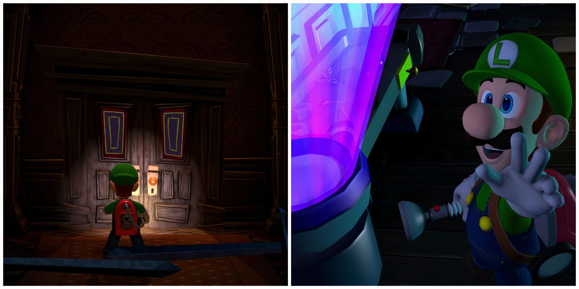 Split image of the entrance to Gloomy Mansion and Luigi using the Dark-Light Device in Luigi's Mansion 2 HD