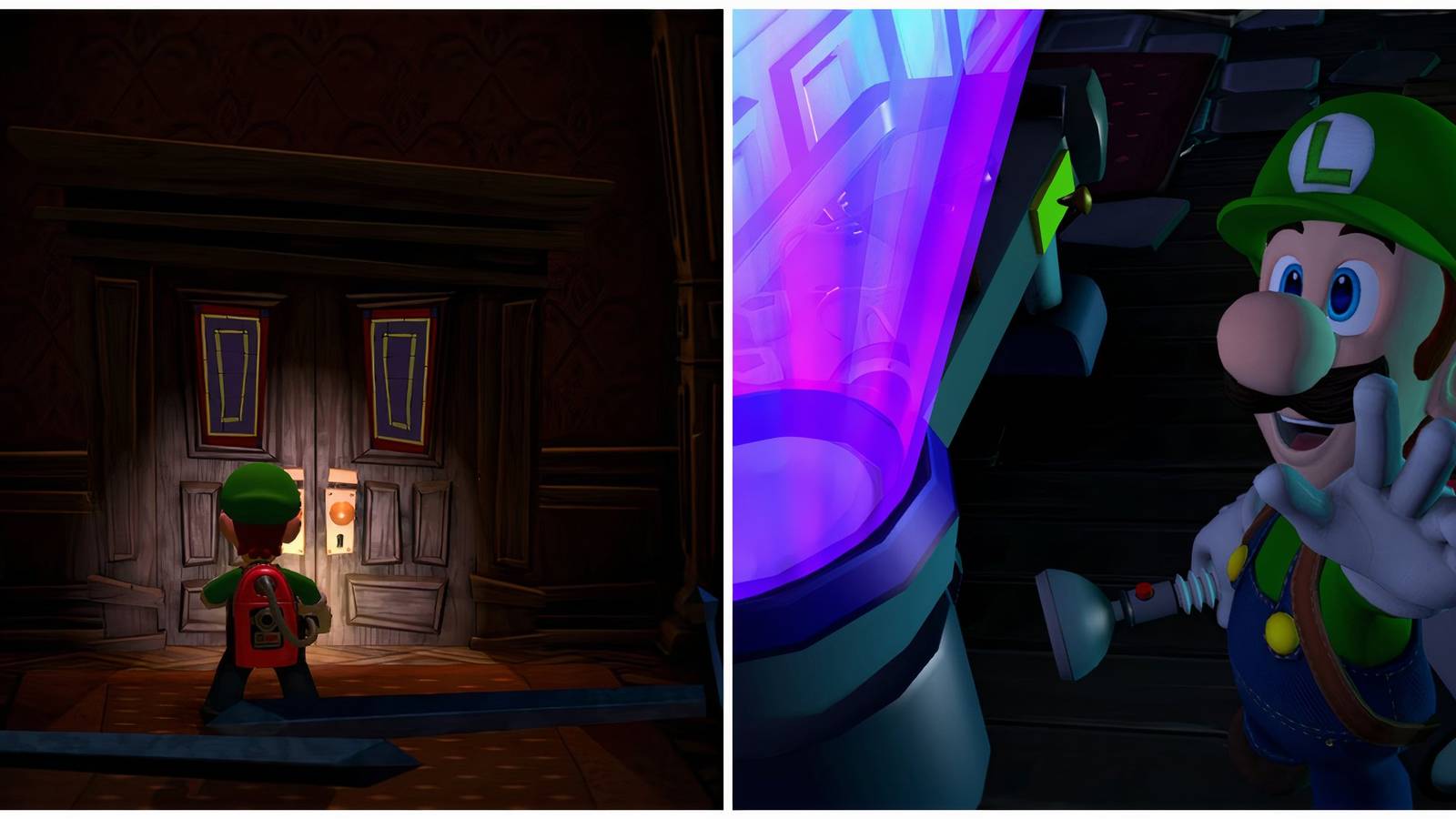 Split image of the entrance to Gloomy Mansion and Luigi using the Dark-Light Device in Luigi's Mansion 2 HD