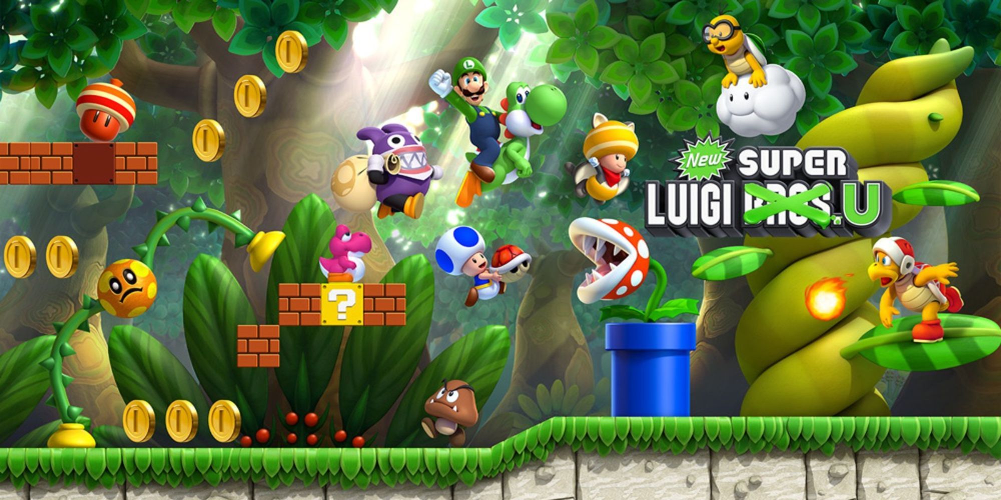 Luigi, Yoshi, Nabbit, Yellow Toad and Blue Toad in New Super Luigi U.