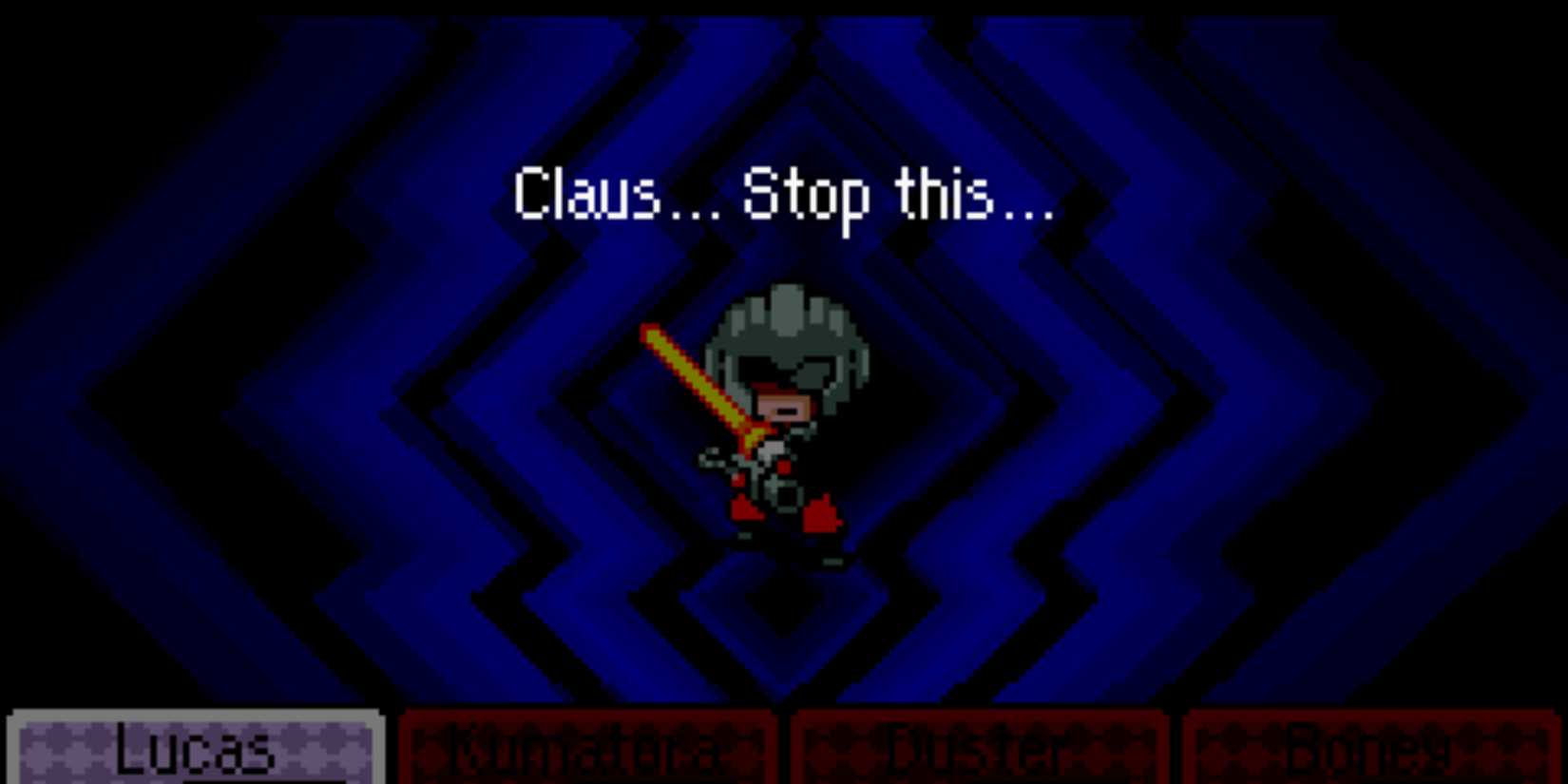 Masked Man fight interrupted by text reading "Claus... stop this..."