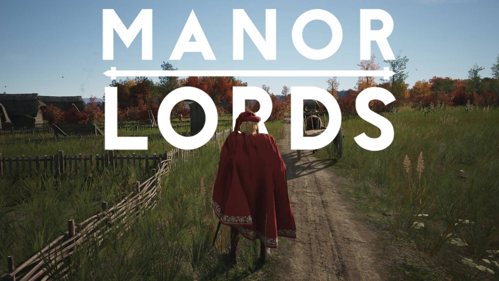 Manor Lords protagonist walking toward game logo composite