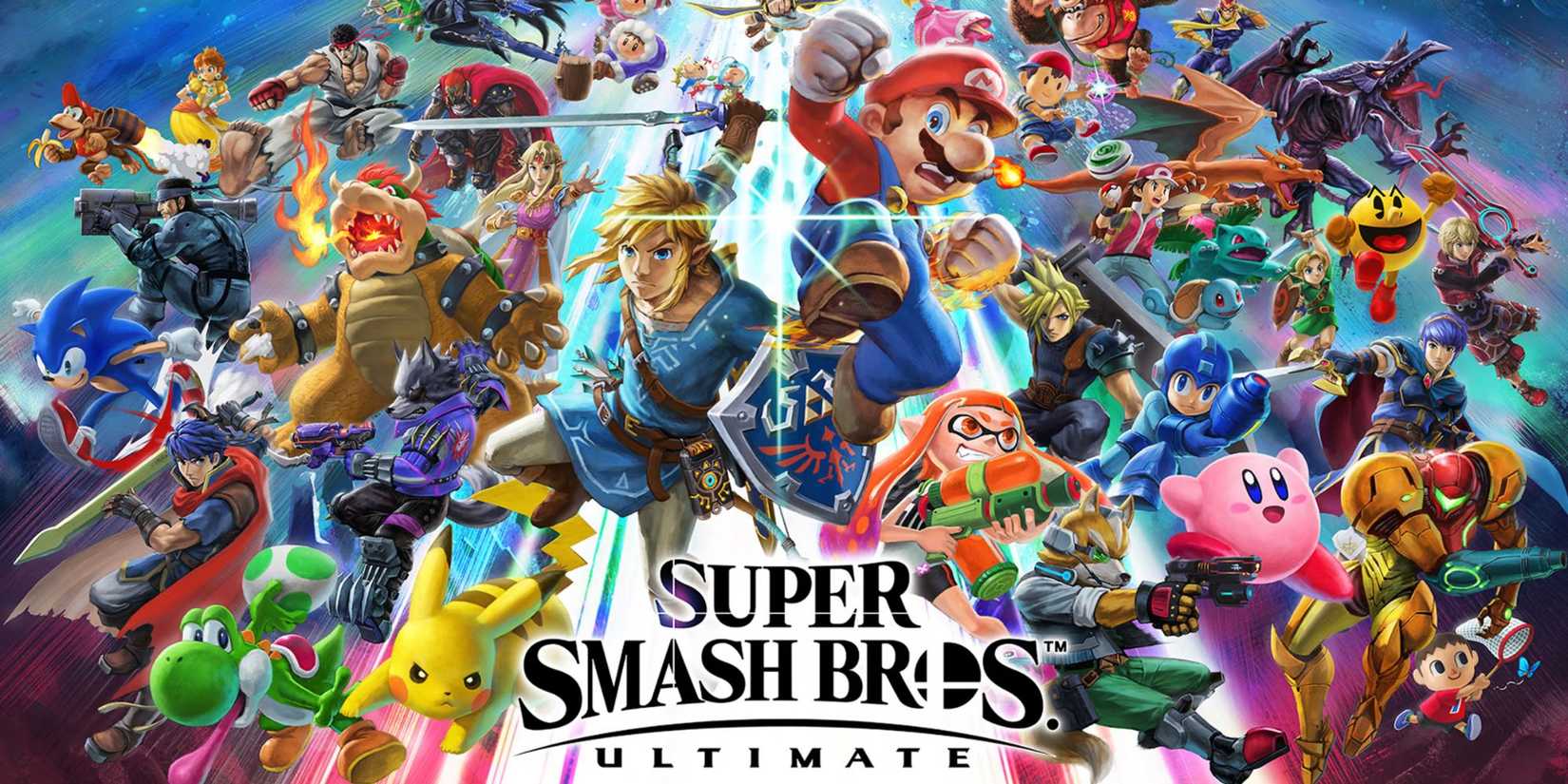 Mario, Link, Pikachu and many other Nintendo characters in the cover art of the game.