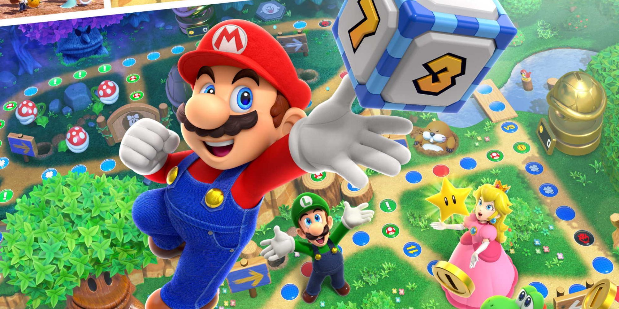 Mario, Luigi and Peach in promotional art of the game.