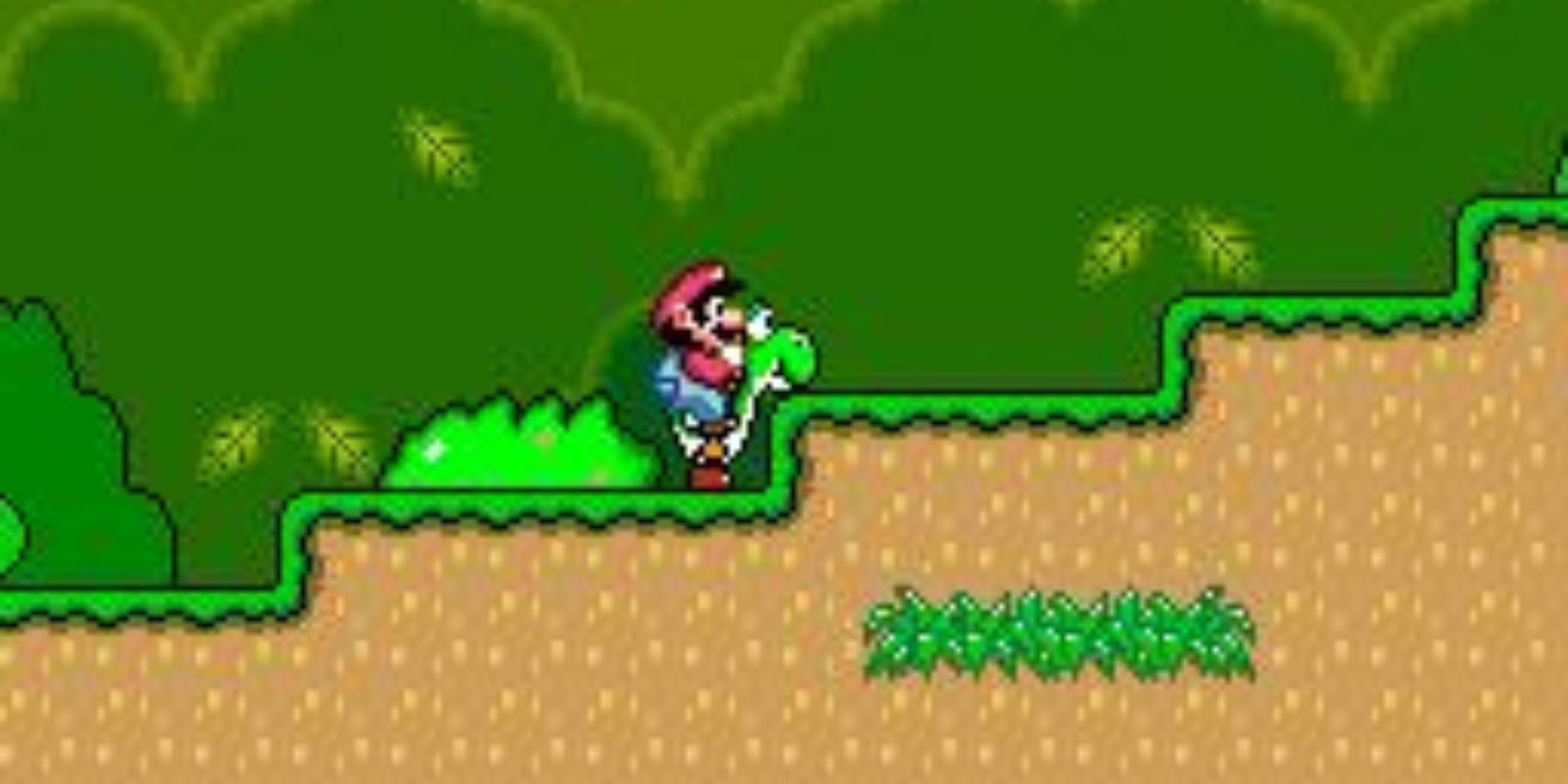 Mario rides Yoshi in Super Mario World.