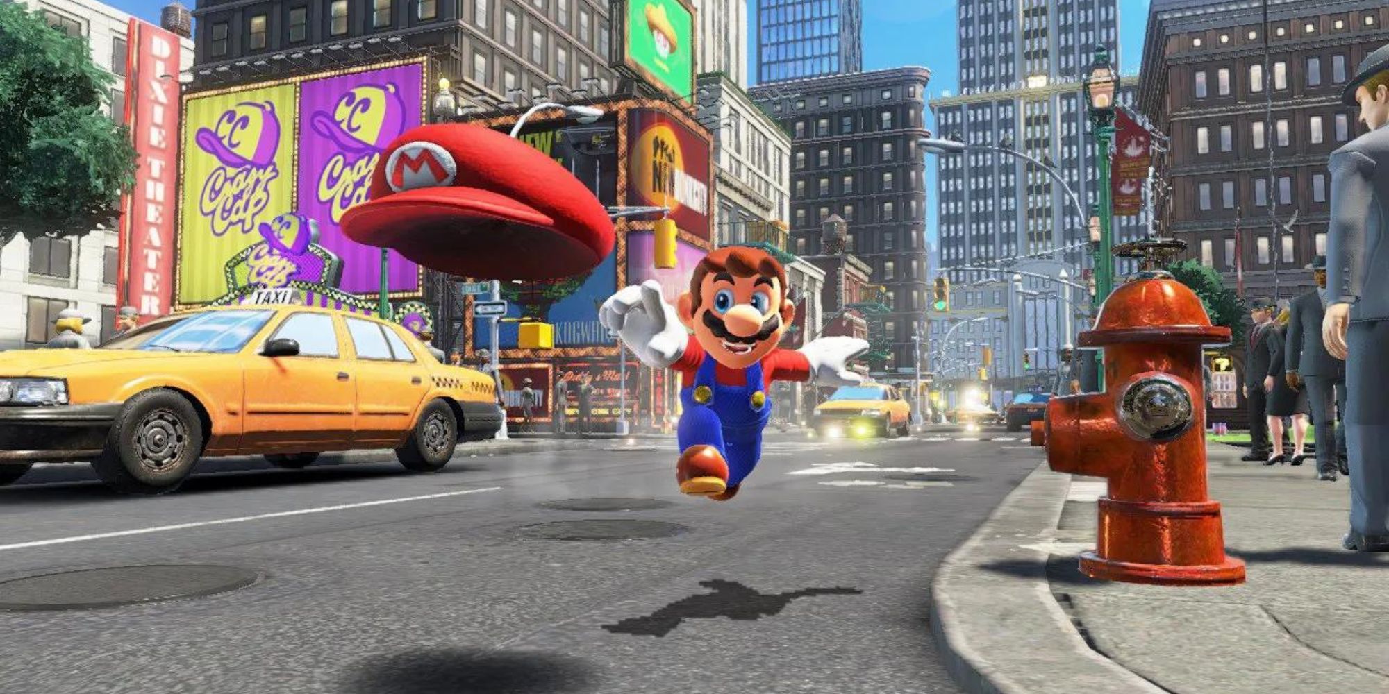 Mario throws his hat in New Donk City in Super Mario Odyssey