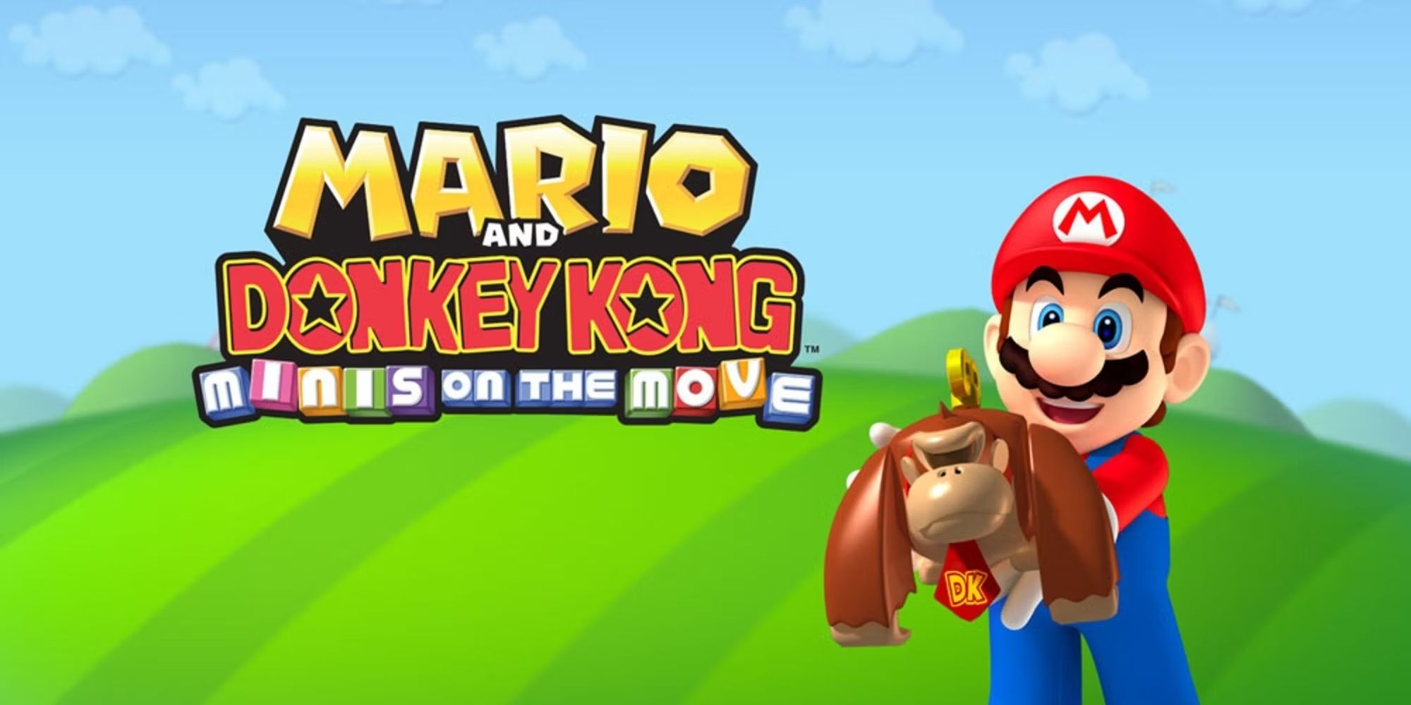 Mario holding mini Donkey Kong in Mario And Donkey Kong: Minis On The Move.