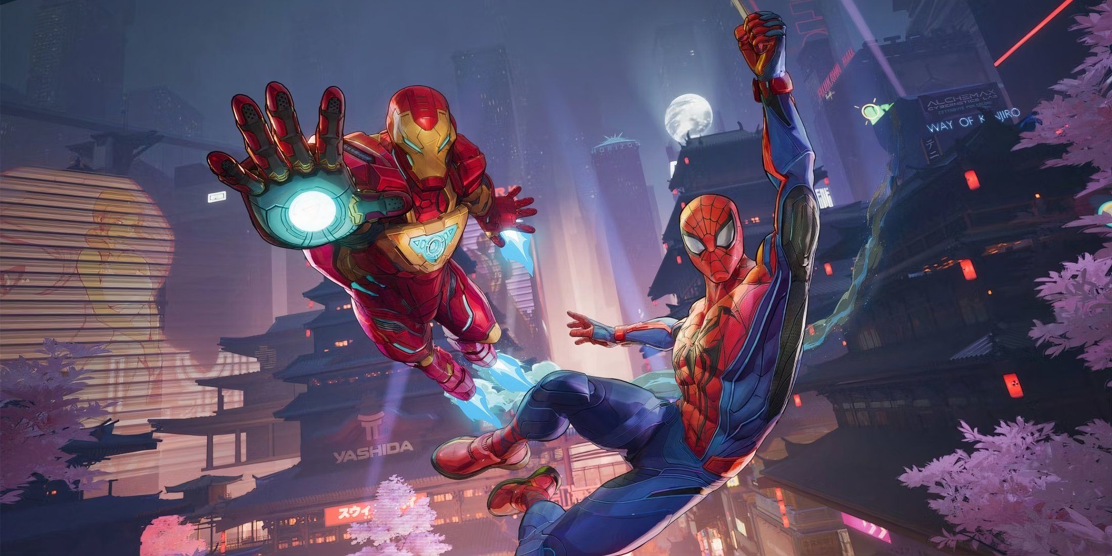 Marvel Rivals characters Spider-Man and Iron Man swinging and flying, respectively