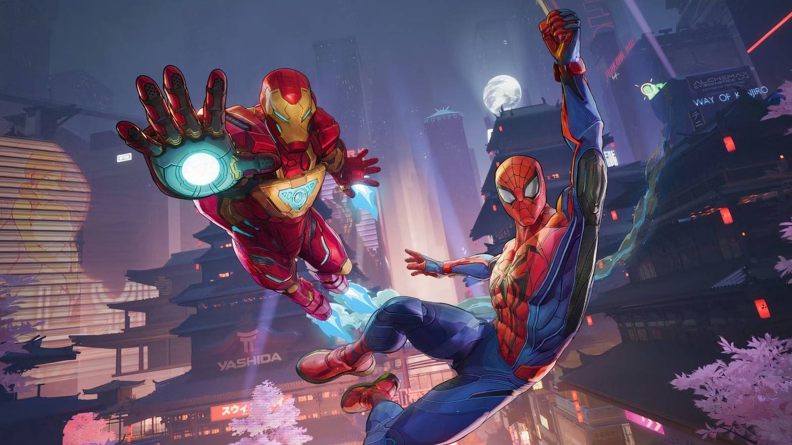 Marvel Rivals characters Spider-Man and Iron Man swinging and flying, respectively