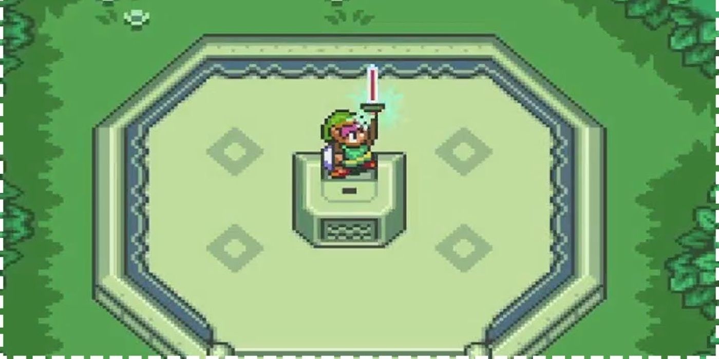 Link holding the Master Sword in The Legend of Zelda: A Link to the Past.