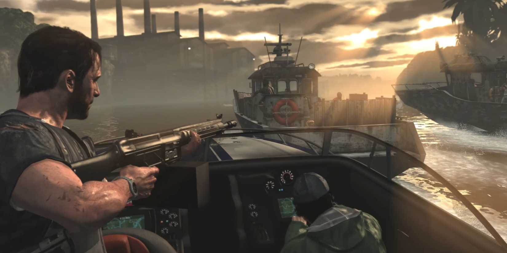 Max Payne aiming a gun at a boat in Alive, If Not Exactly Well