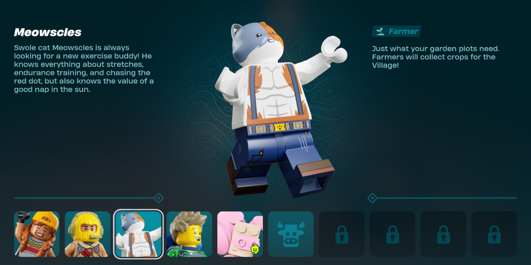 Screenshot showcasing Meowscles Resident Bio LEGO Fortnite 