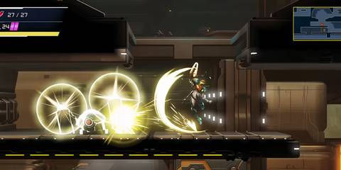 samus fighting enemies on a gantry in metroid dread