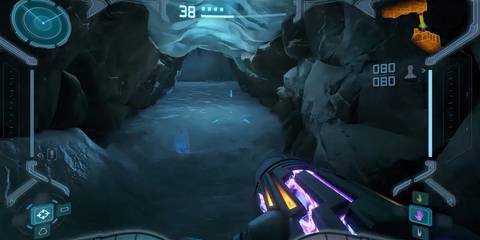 samus looking at a river in an ice cave