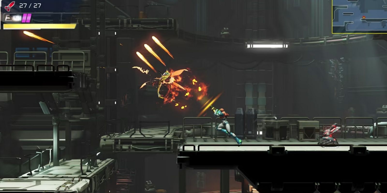 samus shooting at enemies on a platform