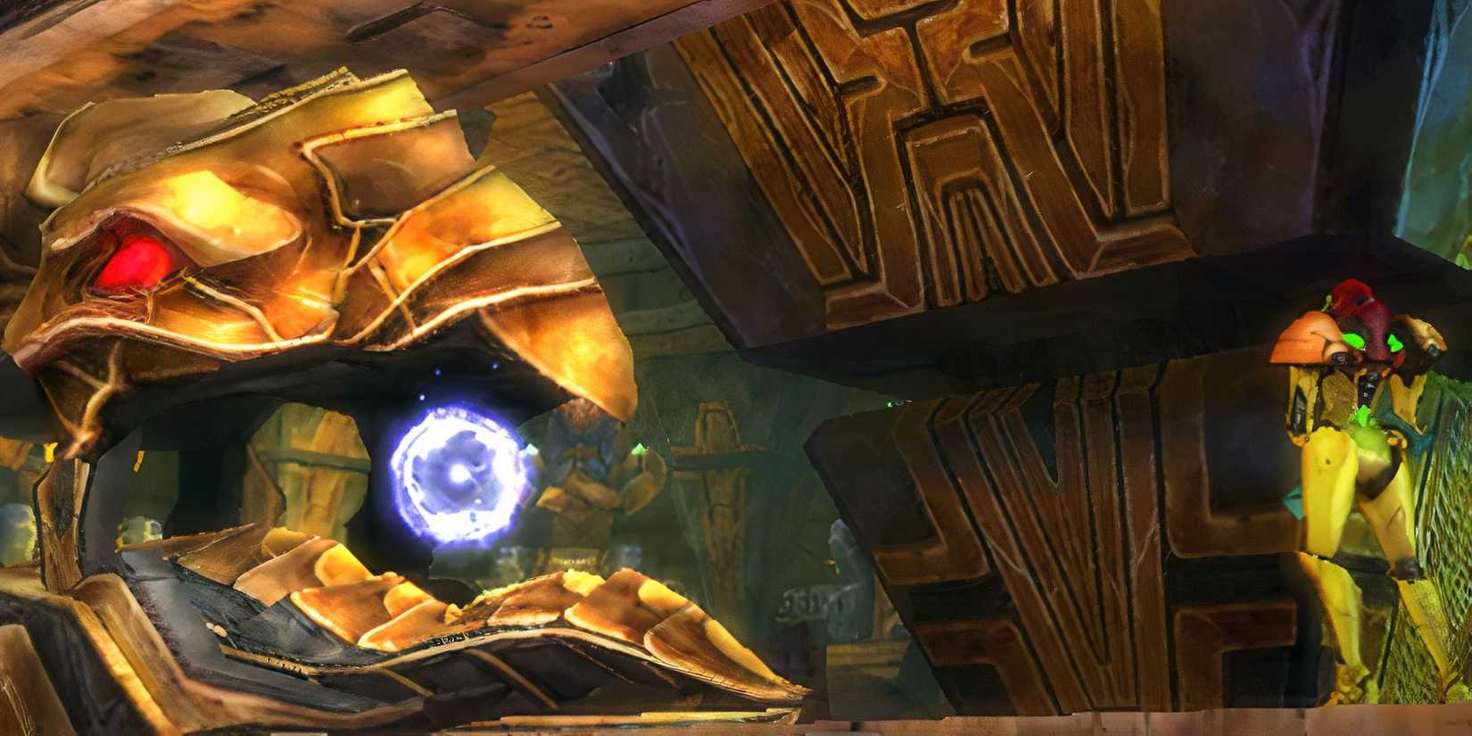 samus in front of a chozo artifact in samus returns