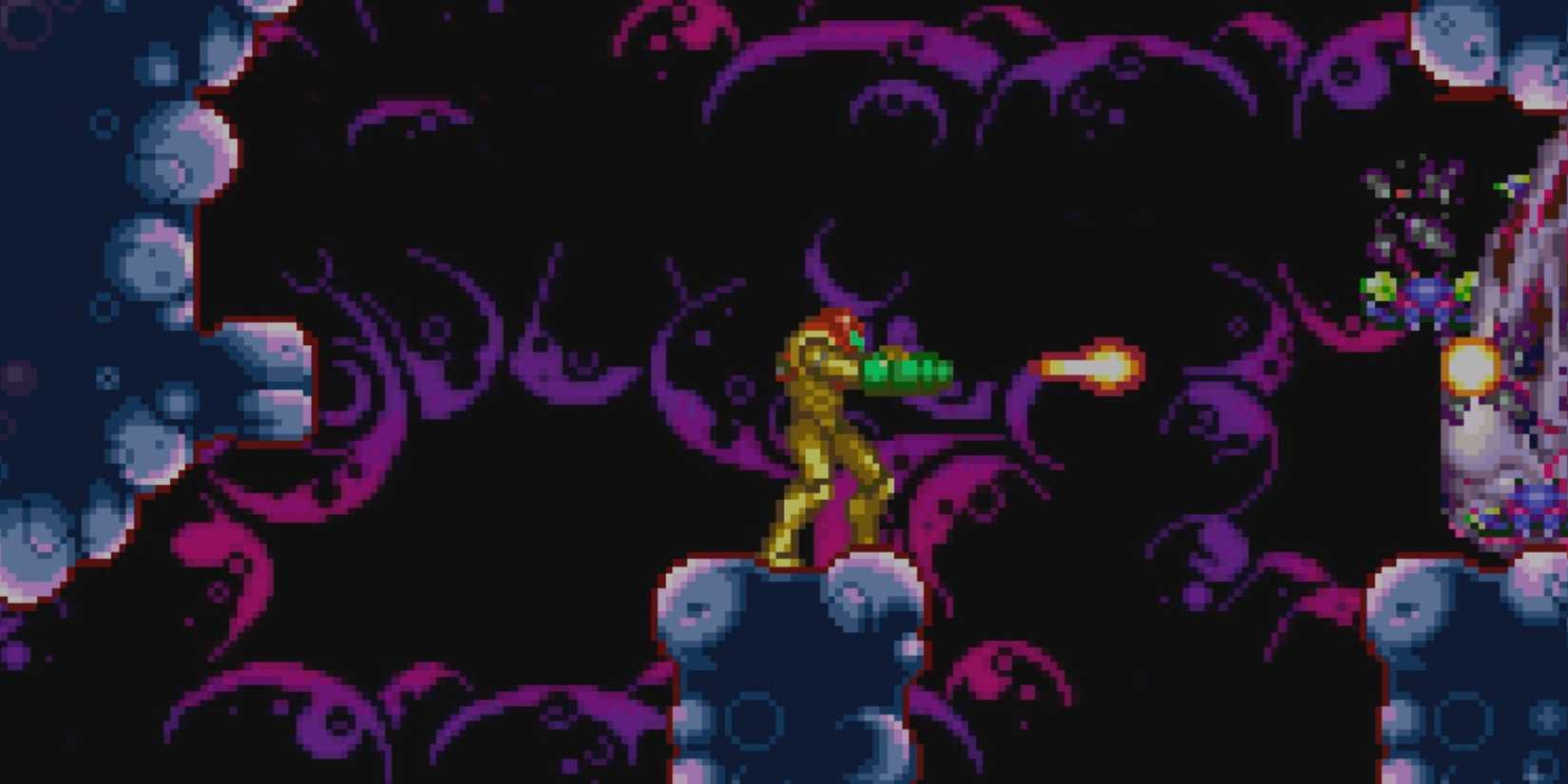samus shooting at enemies in a cave system