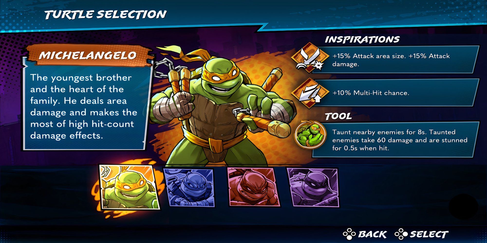 Michelangelo selection screen in Teenage Mutant Ninja Turtles Splintered Fate