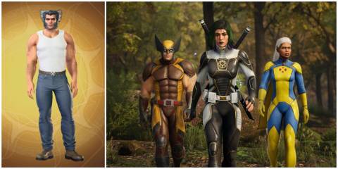 image of Wolverine in his default Abbey outfit in Midnight Suns and characters Storm and The Hunter