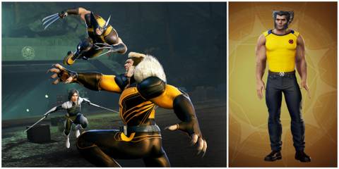 image of Classic Abbey Wolverine in Midnight Suns next to Wolverine fighting Sabretooth