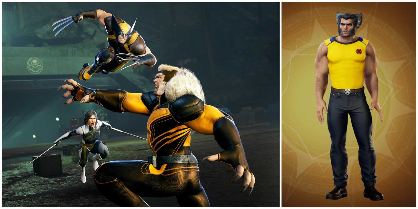 image of Classic Abbey Wolverine in Midnight Suns next to Wolverine fighting Sabretooth