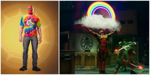 image of Deadpool Dreamweaver outfit in Midnight Suns next to Deadpool under a rainbow in combat