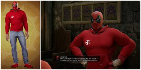 image of the Merch With A Mouth Deadpool outfit in Midnight Suns and dialogue gameplay