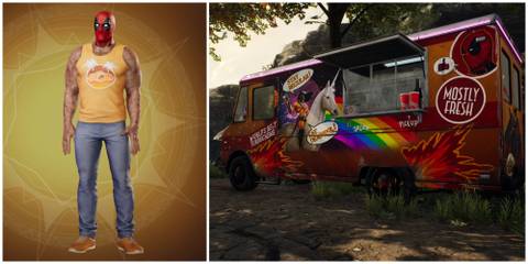 images of Taco Club Deadpool in Midnight Suns next to a food truck