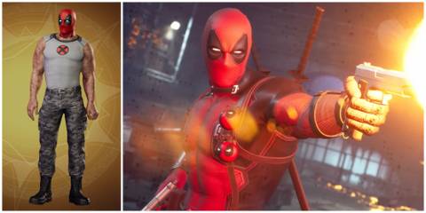 image of Deadpool's Xcessive Force outfit in Midnight Suns next to him shooting a weapon in combat