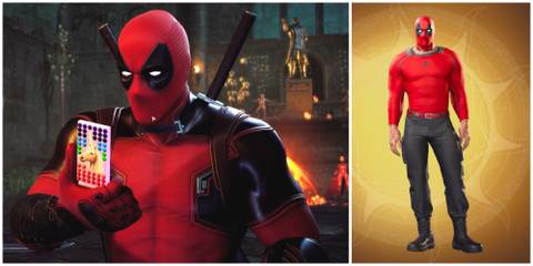 image of Deadpool in his Default Abbey outfit in Midnight Suns next to an image of him on a unicorn flip phone
