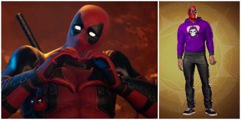 image of Immortal Lover outfit for Deadpool in Midnight Suns next to him making a heart with his hands