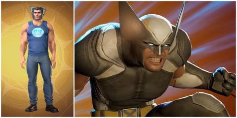 images of Wolverine in Midnight Suns in Down Time outfit and combat