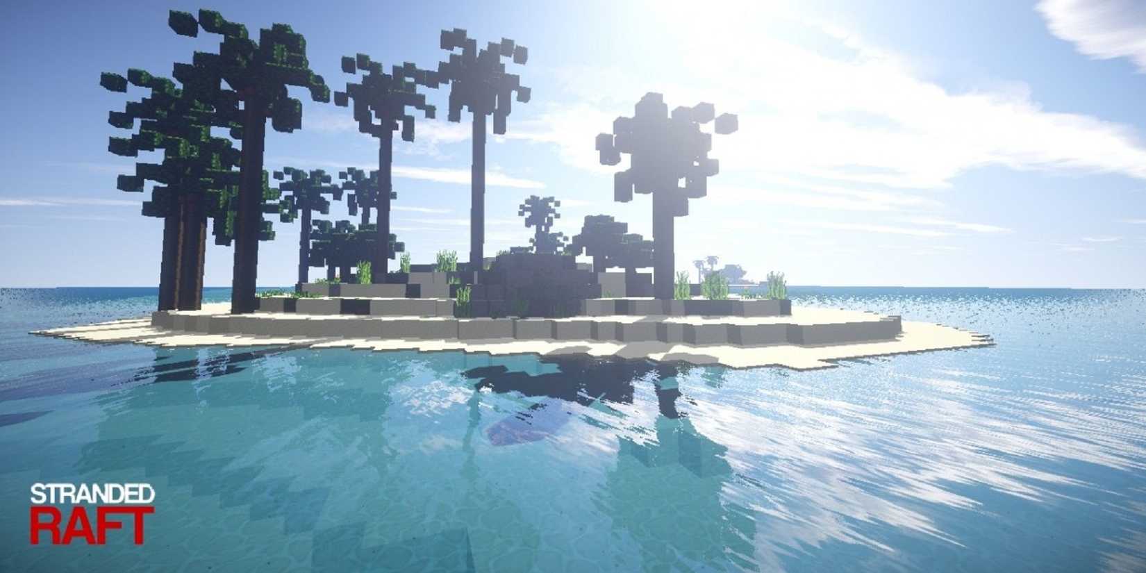 snippet of Minecraft Map Standard Raft with small islands and sun shining brightly