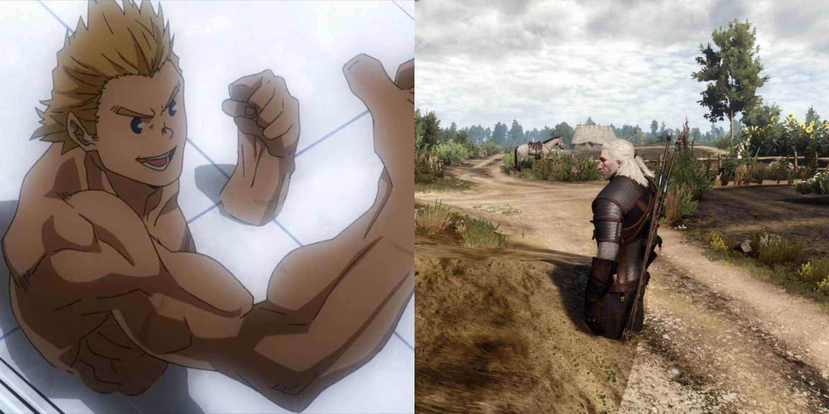 Mirio Togata using his Permeation Quirk and Geralt going through a collision detection glitch in The Witcher 3.