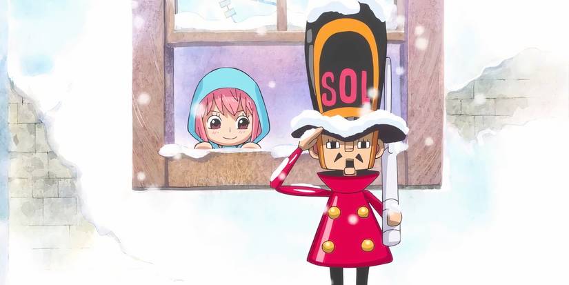 A young Rebecca smiles at the tin solder from her window in One Piece's Dressrosa arc.