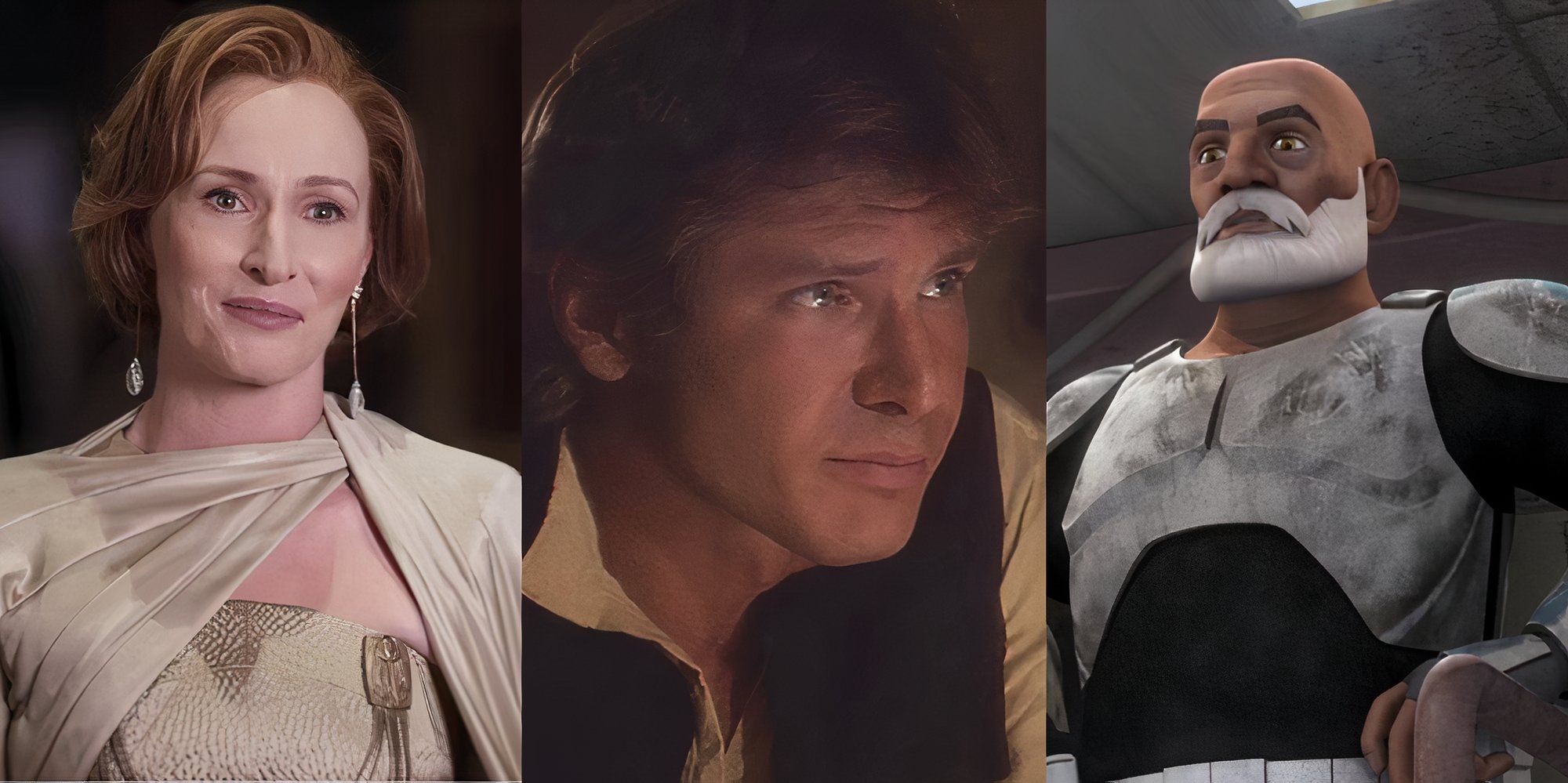 Mon Mothma from Andor, Han Solo from A New Hope, and Rex from Rebels
