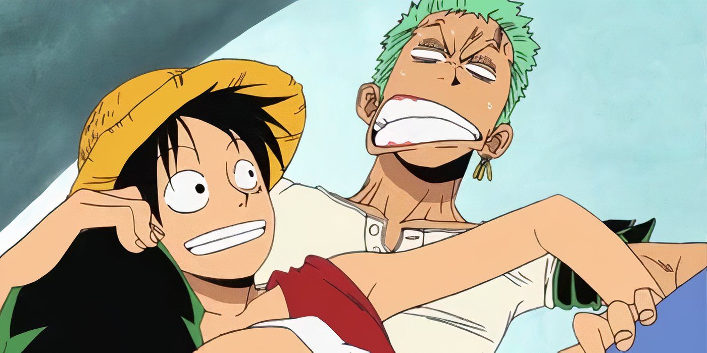 Luffy smiles after falling into Zoro's lap in One Piece.