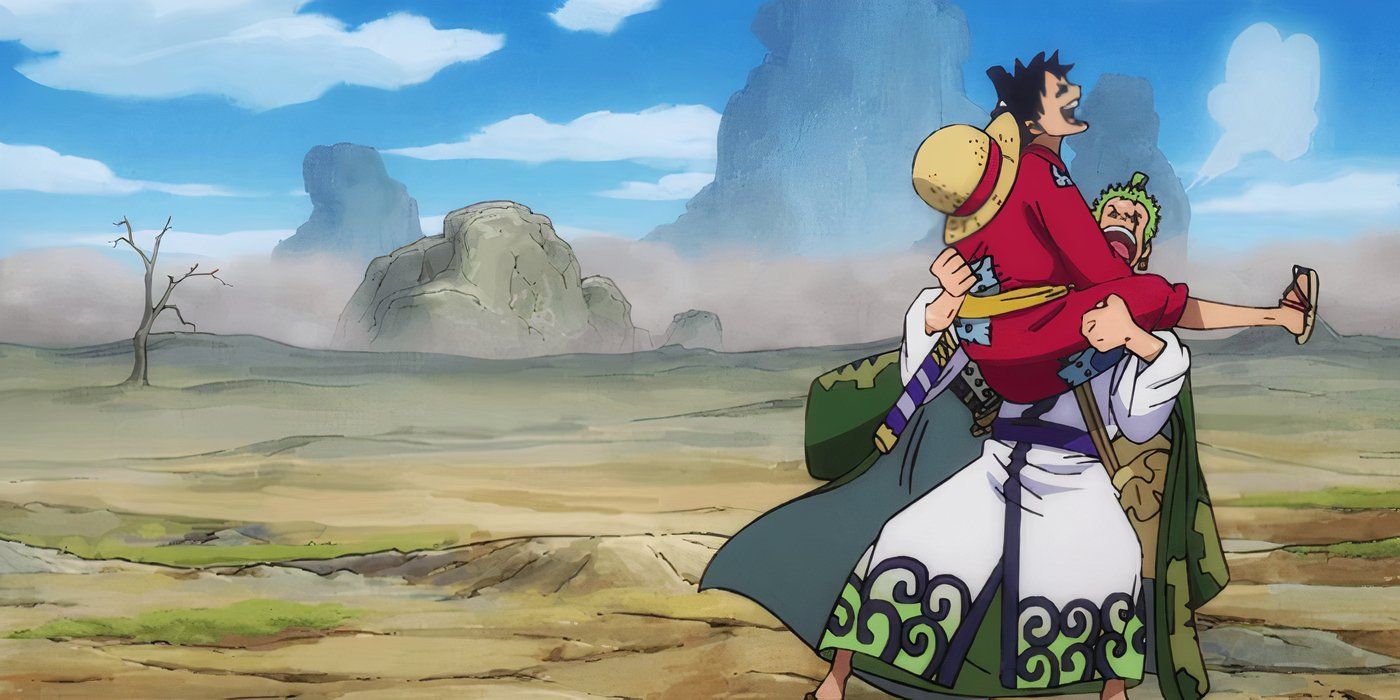 Luffy hugs Zoro in a comical way after reuniting in Wano in One Piece.