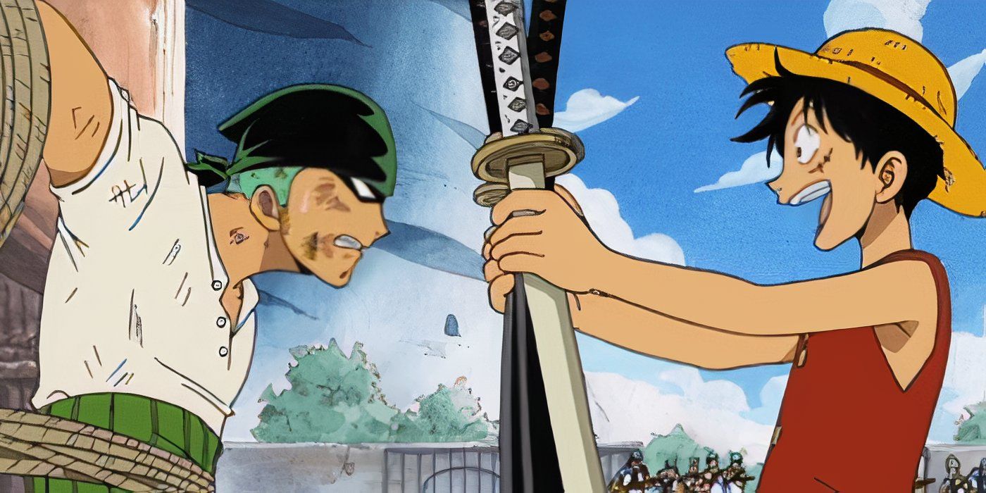 Luffy happily returns Zoro's sword during their first meeting in One Piece.