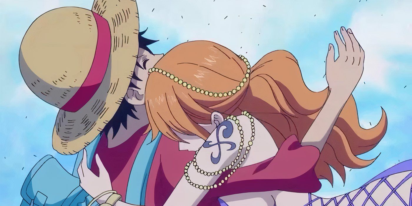 Nami hugs Luffy out of concern in One Piece.