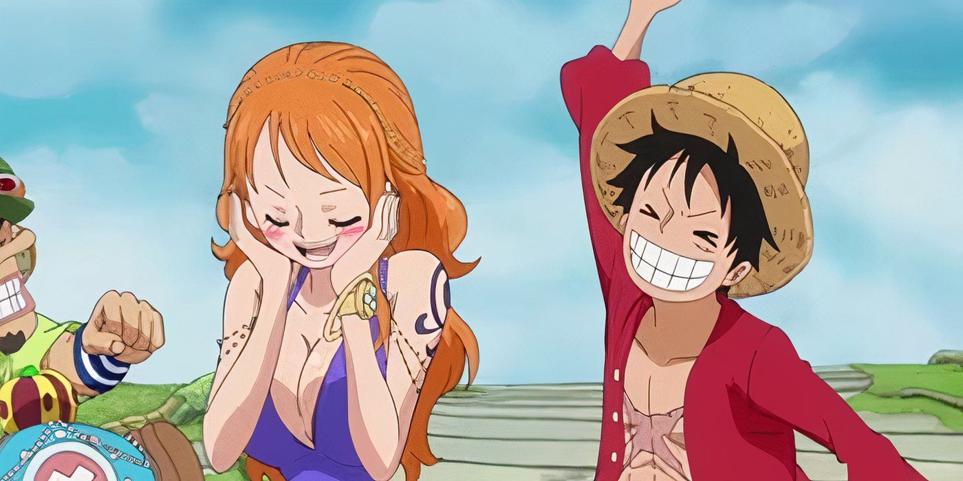 Luffy makes Nami blush in One Piece.