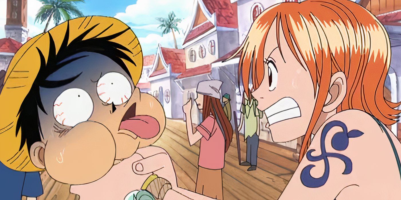 Nami comically chokes Luffy in Loguetown in One Piece.