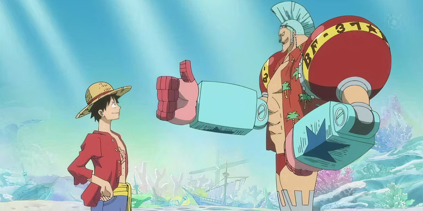 Franky gives Luffy a thumbs-up during One Piece's Fishman Island Arc.