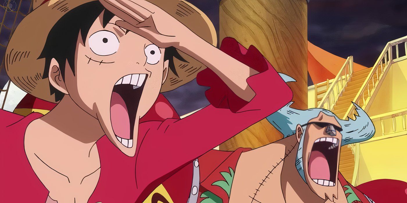 Luffy and Franky are amazed by Egghead Island in One Piece.