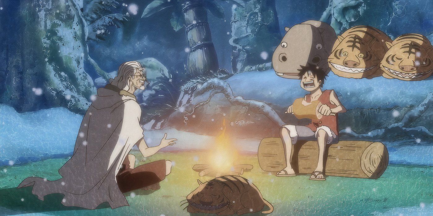 Luffy and Rayleigh have dinner at a campfire during One Piece's two-year timeskip.