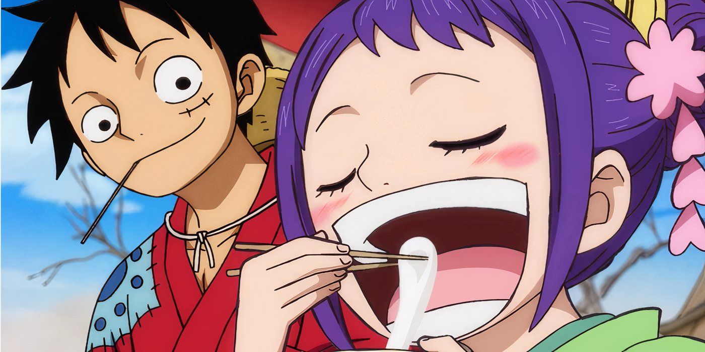 Luffy is happy that O-Tama is finally able to eat real food in One Piece.