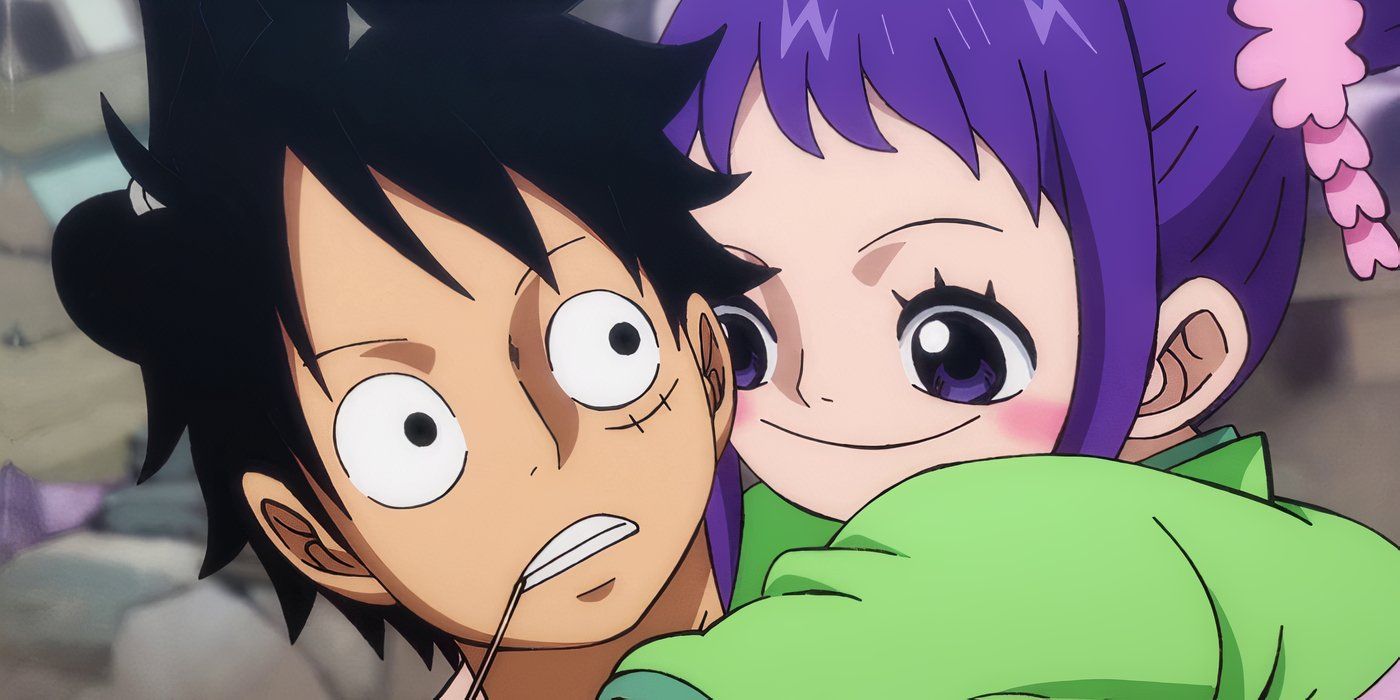 O-Tama smiles while hugging Luffy in One Piece.