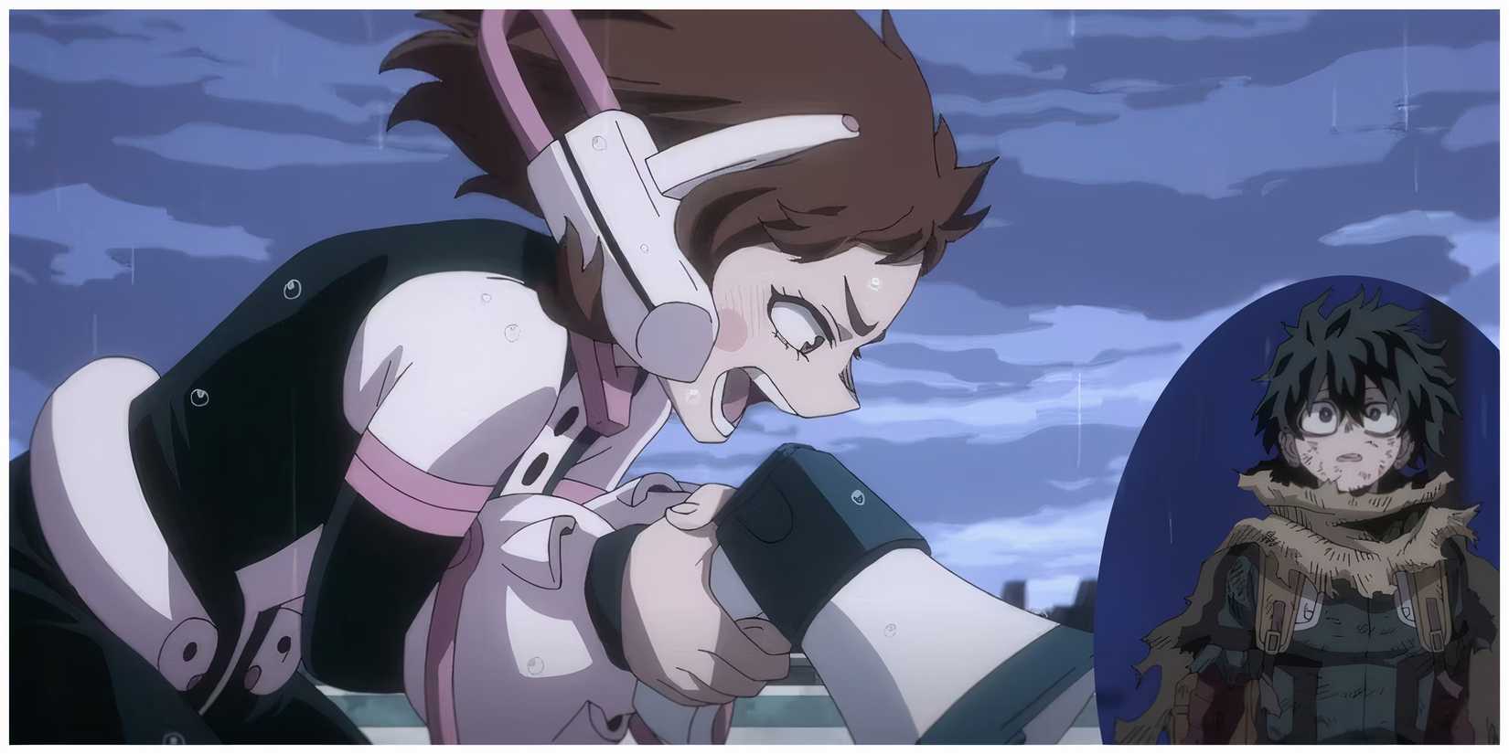 Ochaco inspiring others using a megaphone, with Dark Deku watching from the corner