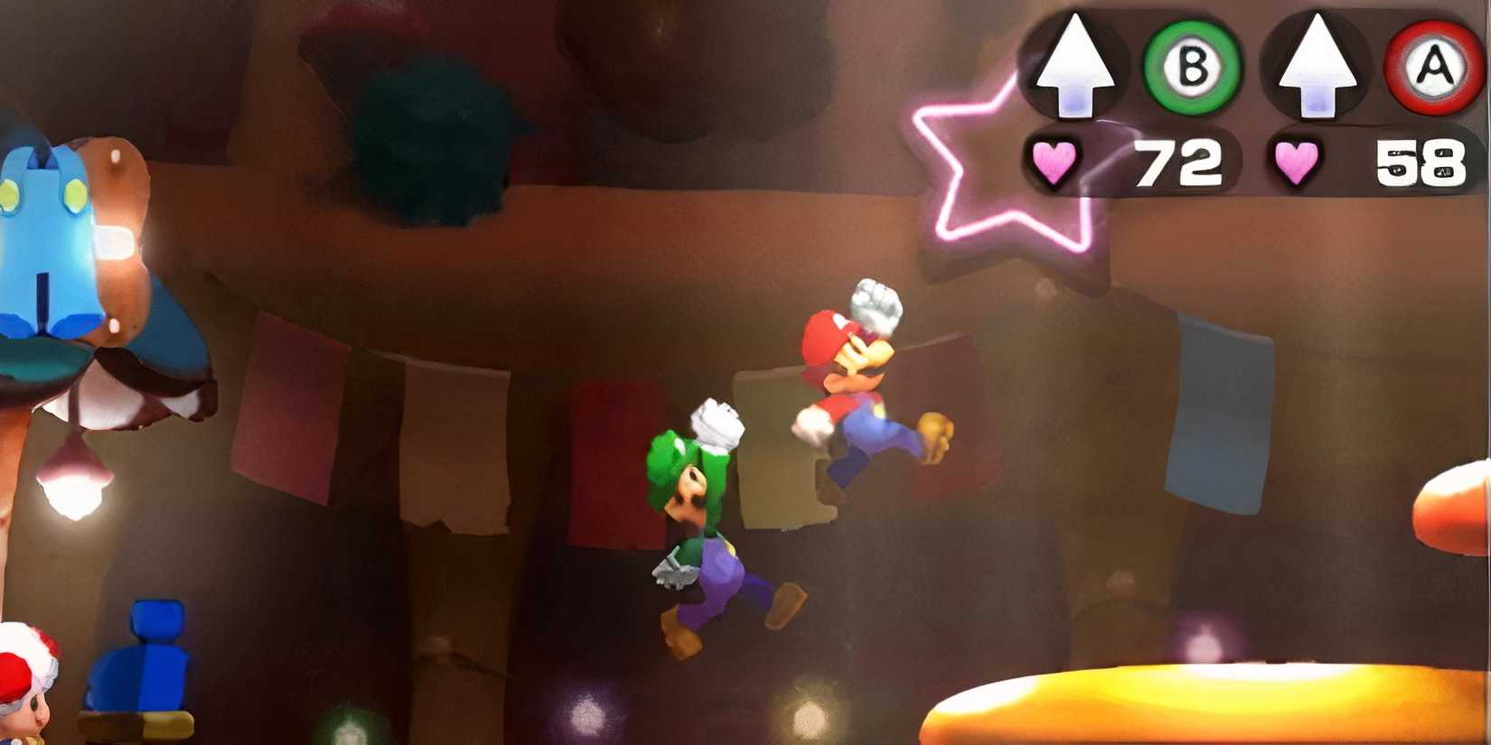 paltforming gameplay in Mario & Luigi: Bowser's Inside Story