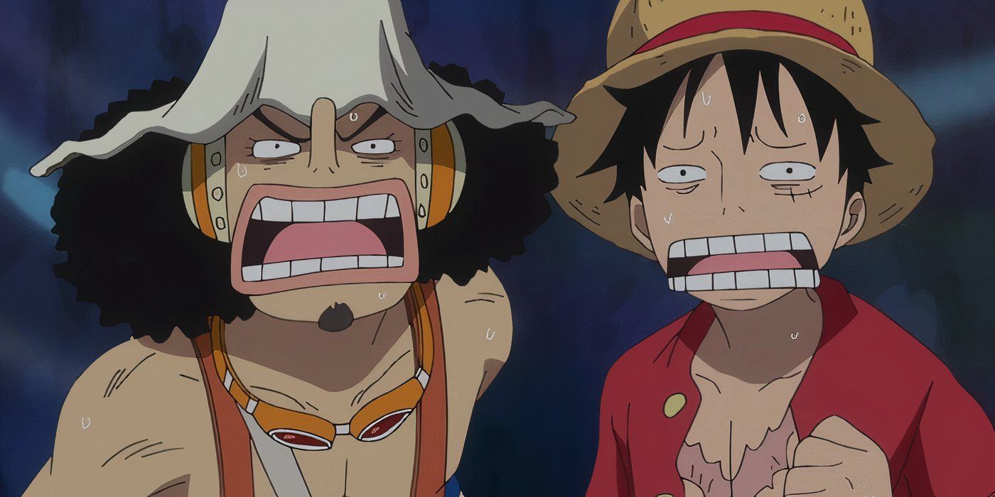 Luffy and Usopp look comically disappointed in One Piece.