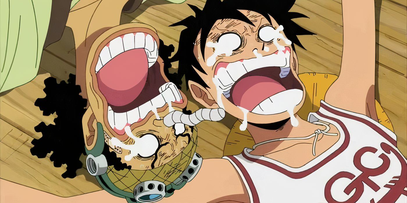 Luffy and Usopp laugh and cry together after reuniting in One Piece.